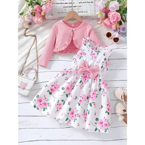 Girls' 2-Piece Floral Print Dress & Solid Color Ruffled Jacket Holiday Set - Elegant Bow-Decorated Dress, Ideal Christmas Gift, Party Outfit for Spring, Summer, Autumn Outdoor Wear,summervibes