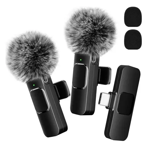 Portable Cordless Bluetooth Lapel Clip-On Microphone Set - 2 Mics with Auto Sync, Noise Reduction, ABS Build for iPhone 15 (Lightning), USB-C/Android Mobile Devices, Camera Vlogging Equipment