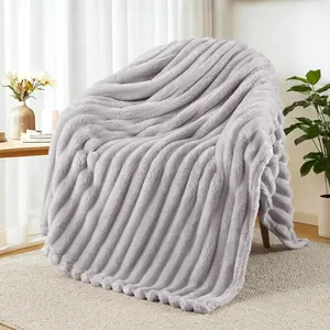 Fleece Throw Blanket for Couch, Soft Striped Bed Blanket, Lightweight Fuzzy Cozy for All, 50x60 Inches, Light Grey