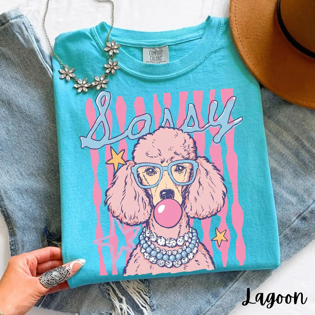 Comfort Colors Retro Sassy Poodle Shirt, Cute Bubblegum Dog Graphic Tee, Whimsical Sunglasses Pearl Necklace Top, Funny Neon Summer Vibes Unisex T-Shirt