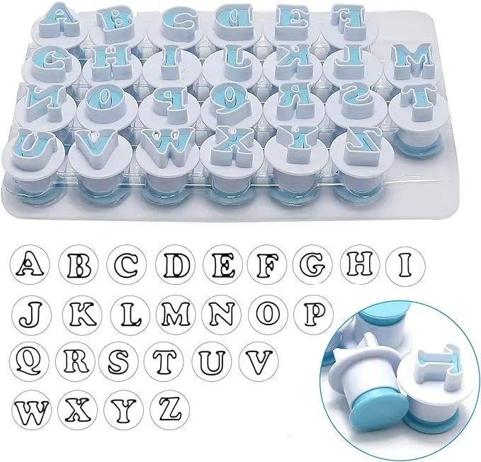 26PCS/Set Cookie Stamp Impress Cookie Cutters Alphabet Letter Fondant Cake Biscuit Mold Letter Shape DIY Cookie Biscuit Alphabet Letters Cake Tool Embosser Cutter (Upper Case Letter Shape with Number)