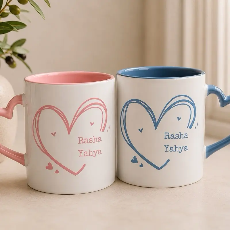 Personalized Heart Handle Porcelain Mug – Custom Couple Names Sublimation Printed Gift Mug