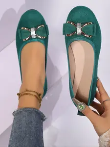 Water Drill Bow Round Toe Flat Shoe Western Slip On Women's Low Cut Commuter Shoes, Textile Upper, Rubber Sole, All Seasons, Party Style, Slip On Flats