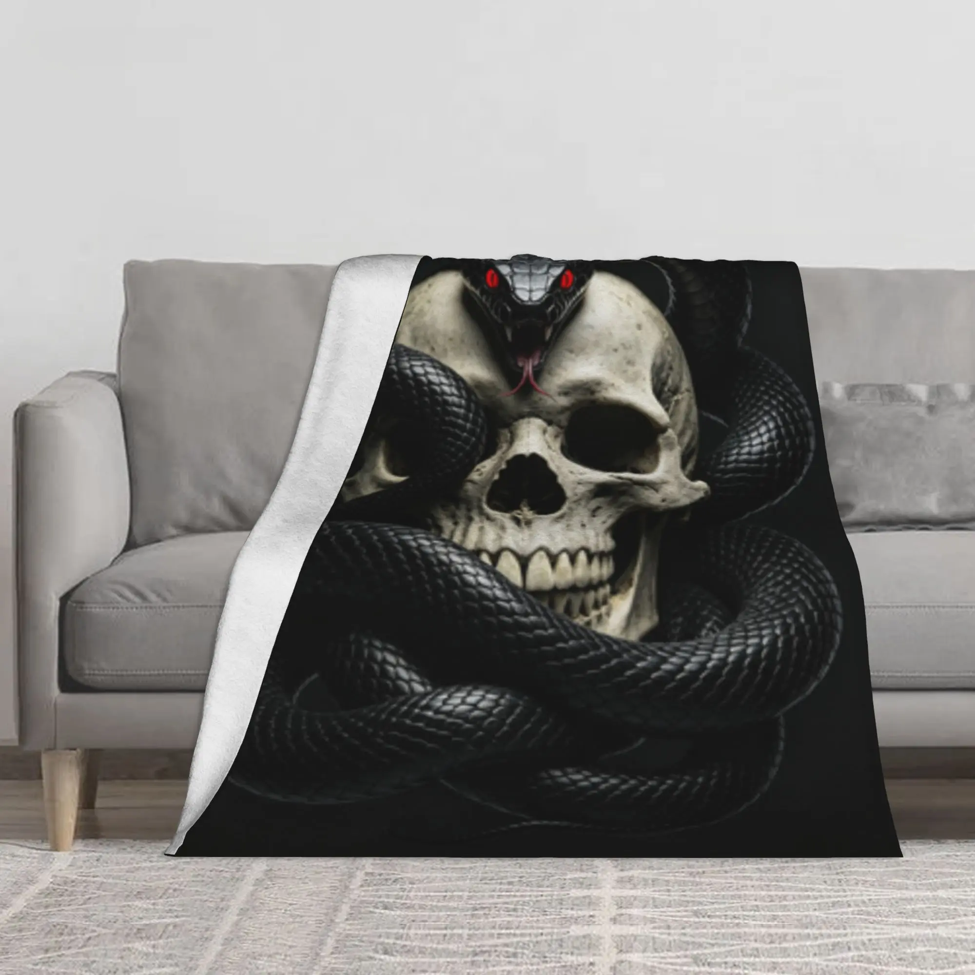 Black Serpent Red Eyes Wrapped Skull Gothic Flannel Throw Blanket, Large Soft Lightweight Warm Decor Blanket, Multi-Purpose Sofa Cover, Wall & Front Door Hanging Tapestry, Dark Mysterious Horror Aesthetic Gift for Family and Friends