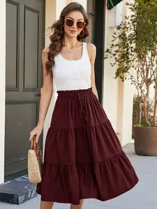 Women's Layered Ruffle Skirt, Slimming Half-Skirt, Puffy Flowy Design Elastic, Casual Daily Wear, Vacation or Music Festival