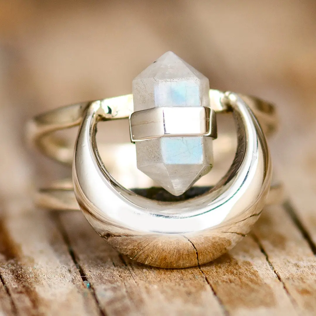 Moonstone Crystal Point Moon Ring Sterling Silver Moonstone Crystal Point Moon Ring Sterling Silver