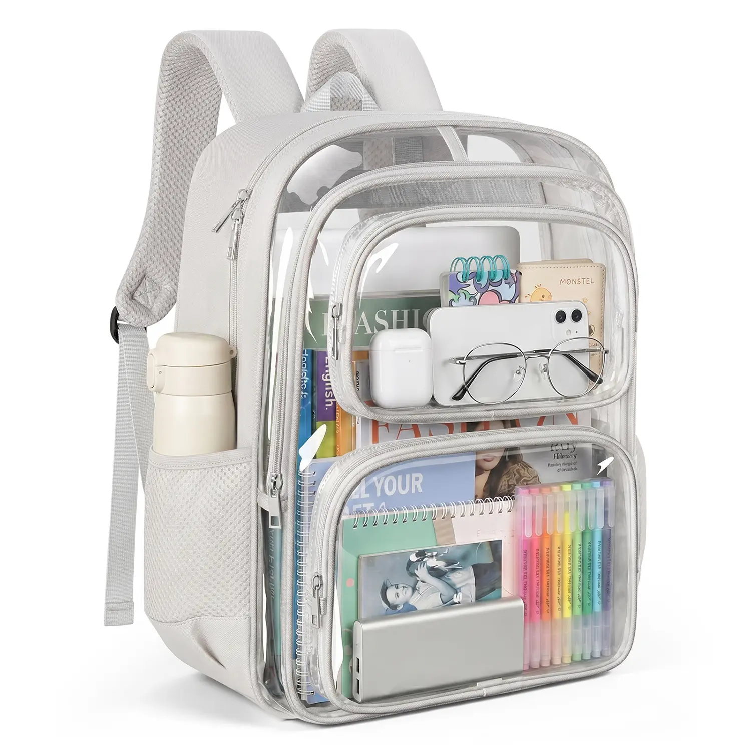 Clear PVC Backpack Travel Bookbag with 4-Layers See Through Compartments, Large Capacity Transparent School Backpack with Breathable Padded Straps, Multi Pocket Bag for Work, College, Vacation, Security Inspection