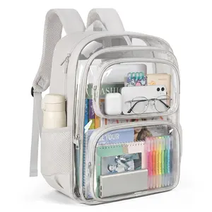 Clear PVC Backpack Travel Bookbag with 4-Layers See Through Compartments, Large Capacity Transparent School Backpack with Breathable Padded Straps, Multi Pocket Bag for Work, College, Vacation, Security Inspection