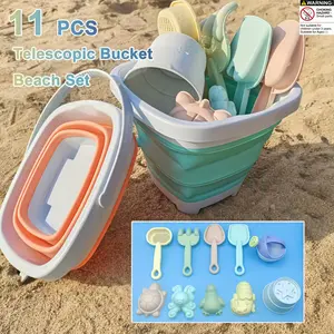 11-Piece Kids' Collapsible Beach Bucket Toy Set — Features a portable, foldable bucket; perfect for seaside sand and water play, indoor and outdoor family fun during the summer, and sandbox games; an ideal birthday gift for boys and girls aged 3 and up.