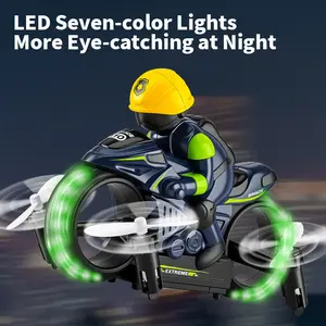 2 in 1 Flying Motorcycle RC Toy Air Land Remote Control Vehicle One Key Takeoff Landing Stunt Flip LED Light Easy Control Indoor Outdoor Play for Kids Boys Gift Cool Toy for Birthday Christmas Easter Fun Stunt Riding Toy for Beginners