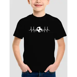 Boys' new solid color football print round neck short sleeved T-shirt, comfortable summer breathable top, sports casual short sleeved shirt  Boys' sports T-shirt