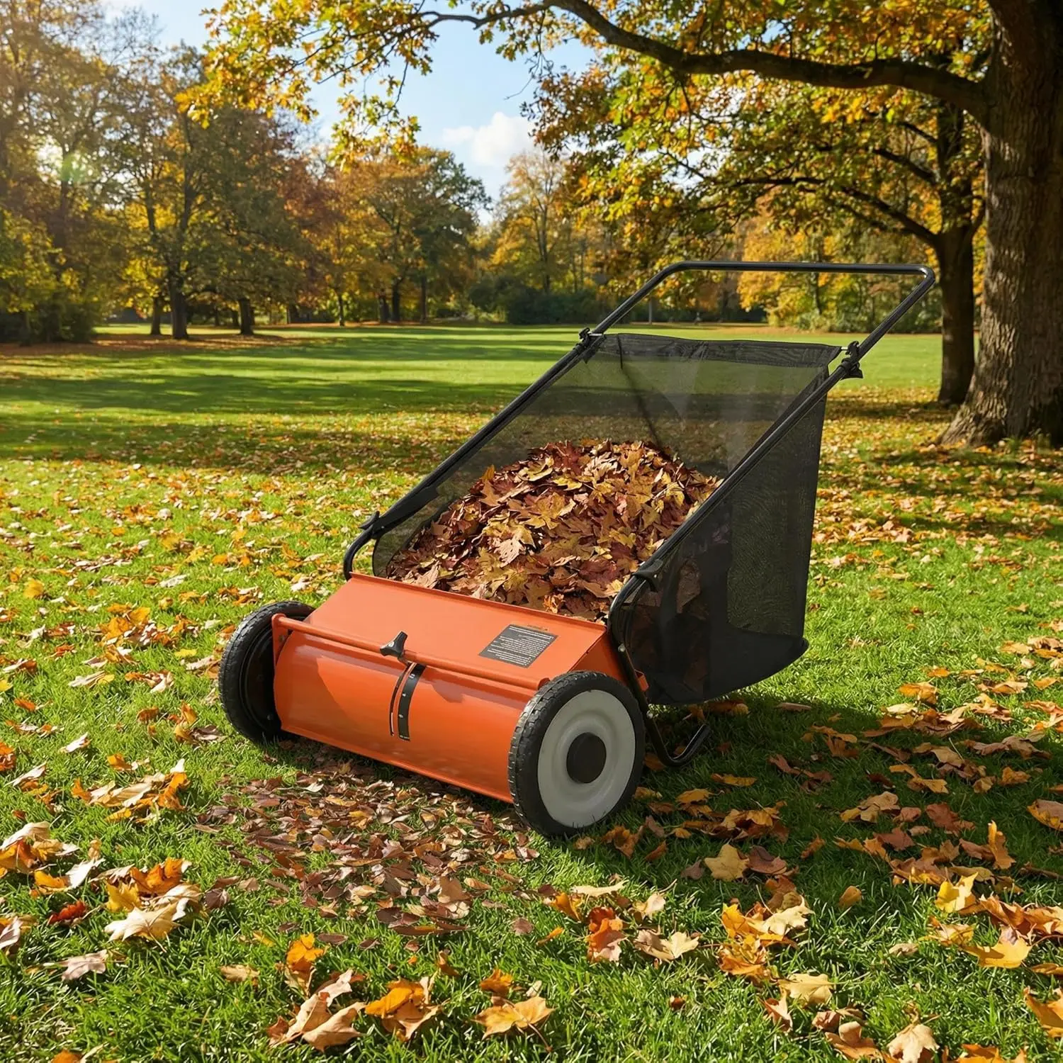 Orange 26 Inch Heavy Duty Push Lawn Sweeper 4 Spinning Brushes Steel Frame 7 Cu. Ft. Adjustable Height Collector for Grass Leaves Yard Debris