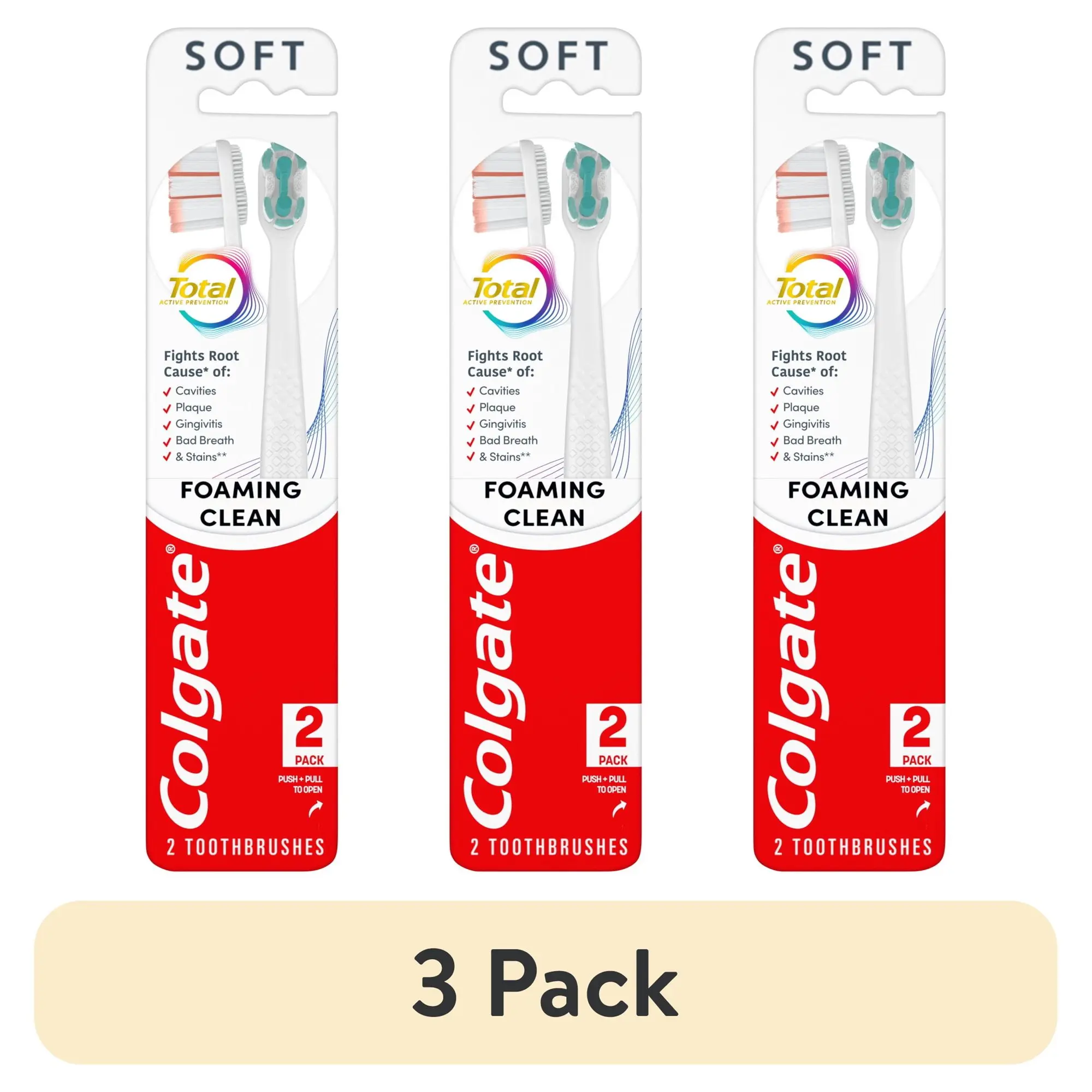 (3 pack) Colgate Total Active Prevention Foaming Clean Soft Toothbrush, 2 Pack