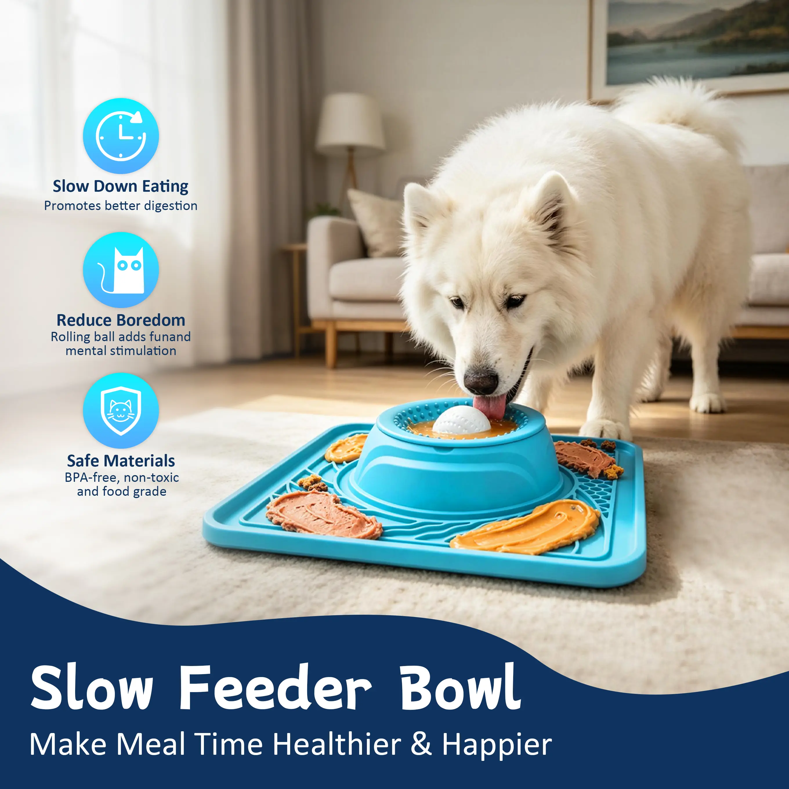 Slow Feeder Dog Bowl & Lick Mat - Anti-Slip, Interactive Rolling Ball Design, 5/6 Cup Capacity for Liquid & Thick Treats, Pet Feeding Accessory for Dogs & Cats