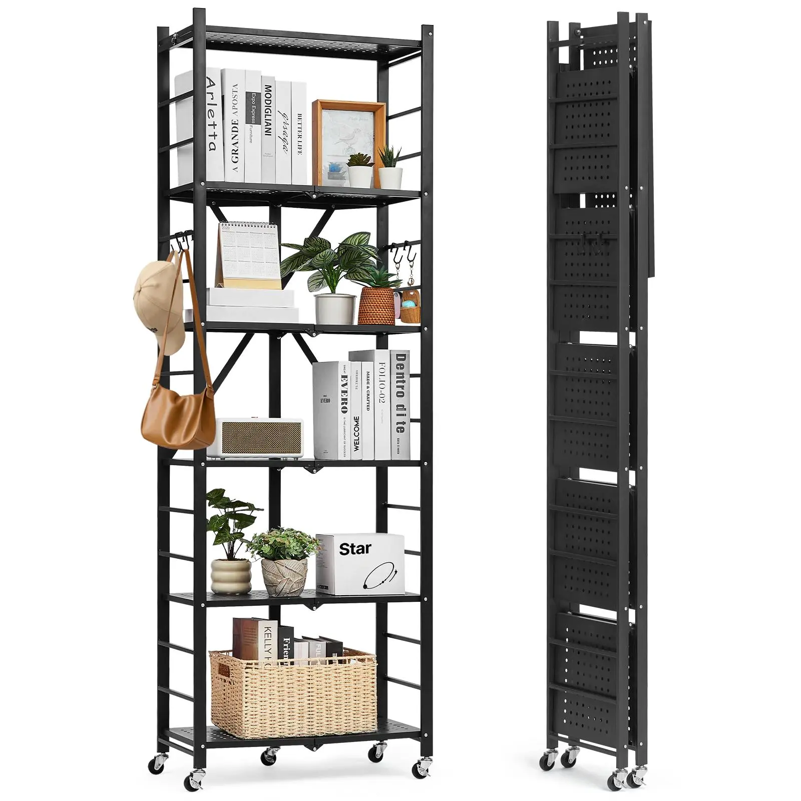 【summerfinds】VEVOR 6-Layer Folding Steel Frame Shelf (24Wx12Dx72H in), No-Assembly Organizer with 5 Wheels, 4 Hooks, Rolling Cart for Kitchen Pantry, Garage, Exhibitions, Black