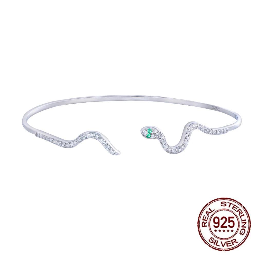 925 Sterling Silver Cubic Zirconia Snake Shape Bangle Bracelet - Elegant Design with Unique Shape and Color
