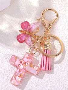 Resin Cross Keychain for Women Girls, Trendy Cute Keychain, 6 Styles with Butterfly Charm & Tassel, Mint Colors, Perfect Gift Idea