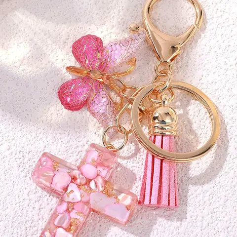 Resin Cross Keychain for Women Girls, Trendy Cute Stylish Keychain, 6 Styles with Butterfly Charm & Tassel, Mint Colors, Perfect Gift Idea, Cute Keychains for Car Keys