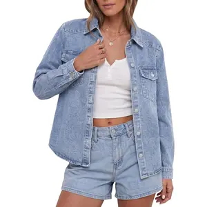 Denim Jackets for Women Trendy Long Sleeve Distressed Jean Button Down Shirts Jacket Shacket