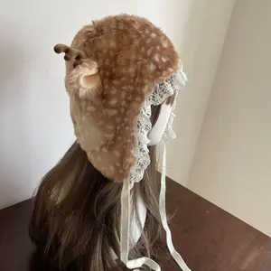 Women's Cute Plush Reindeer Ear Muffs Hat - Lace Detail, Face-Framing Design, Thickened Warm Winter Beanie (Non-Real Fur)