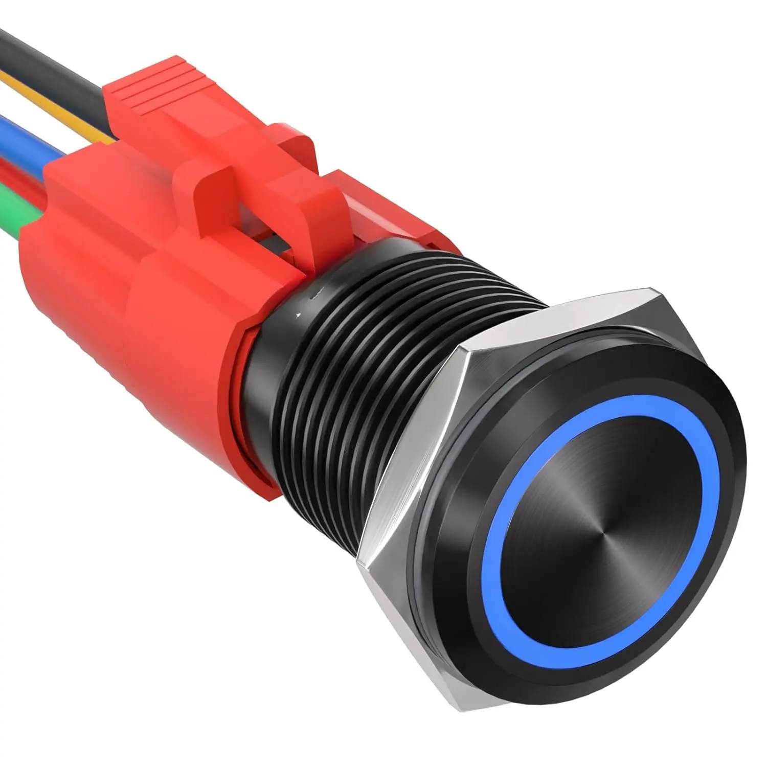 16mm Latching Metal Push Button Power Switch, 12V DC On-Off Black Shell with LED Angel Eye Head, 12V LED Status, IP65 Wetready for 0.63" Mounting Hole with Wire Socket Plug