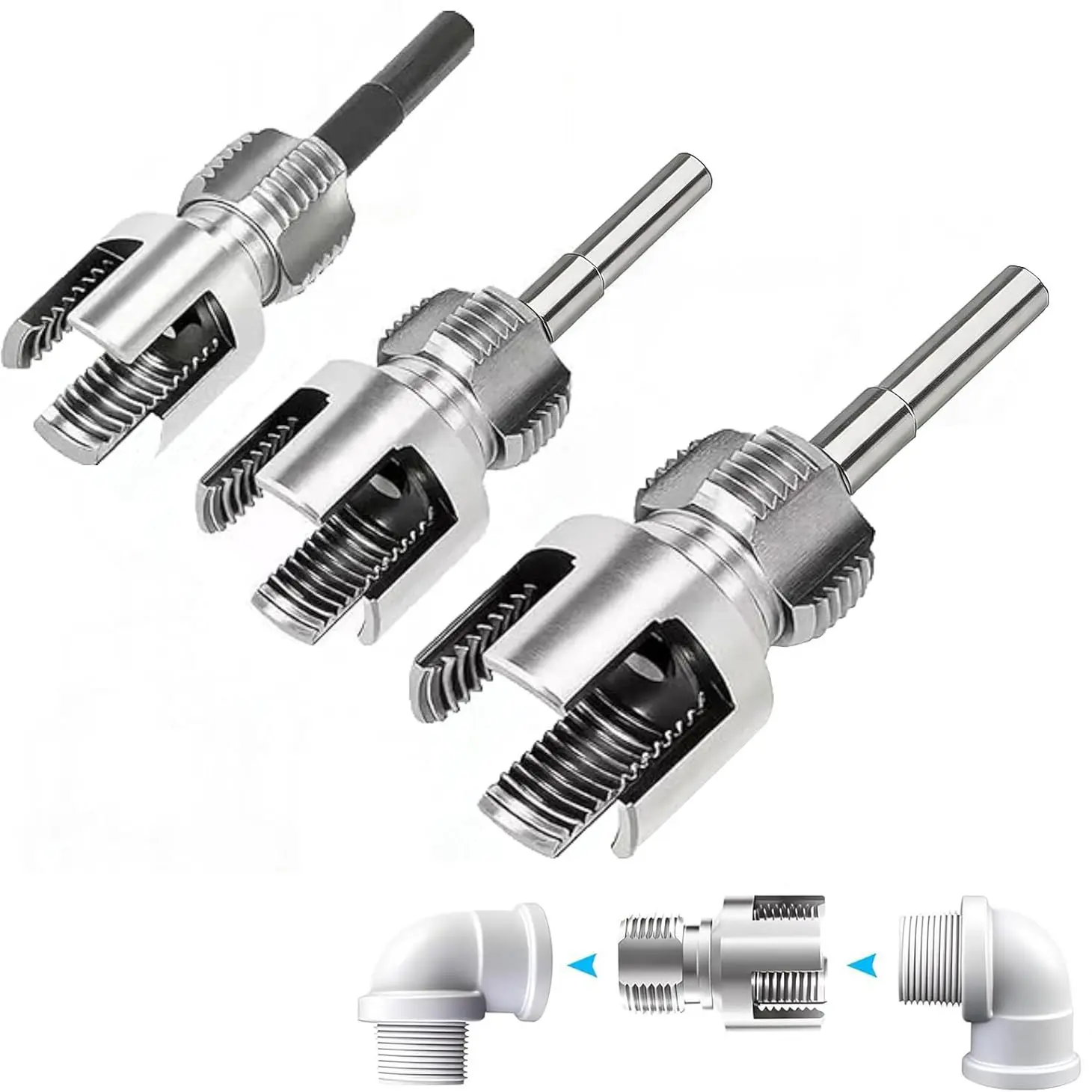 3 Pcs Integrated Internal & External Pipe Threading Tool, Hand Tools, Dual-Function Pipe Thread Cutting Tool for 1/2" & 3/4"& 1" PVC/Plastic Pipes, Electric Drill Compatible Pipe Threader Kit