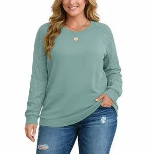 Women's Plus Size Sweatshirts Casual Raglan Cable Knit Long Sleeve Shirts Trendy Crewneck Pullover Tunic Tops XL-5XL Soft Lightweight Stretchy Fabric