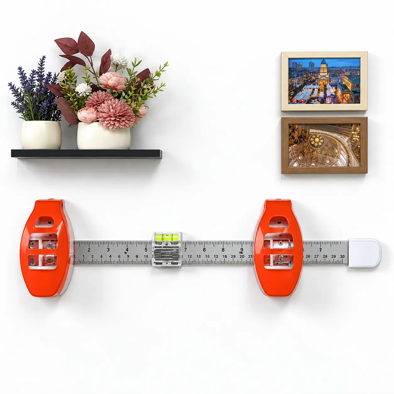 Picture Hanging Tool Kit with Built-In Bubble Level & Measuring Ruler, Adjustable Nail Positioning Handles, Magnetic Nail Storage & Removable End Cap, Frame Alignment Tool for Photos, Artwork & Gallery Walls