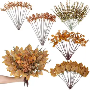 120 count 5 Kinds Mixed Artificial Eucalyptus Leaves Stems and  Berry Bulk for Fall Decorations,Faux  Bundle for DIY Bouquets Floral Arrangement Wedding Engagement Party Autumn Decor (Orange)