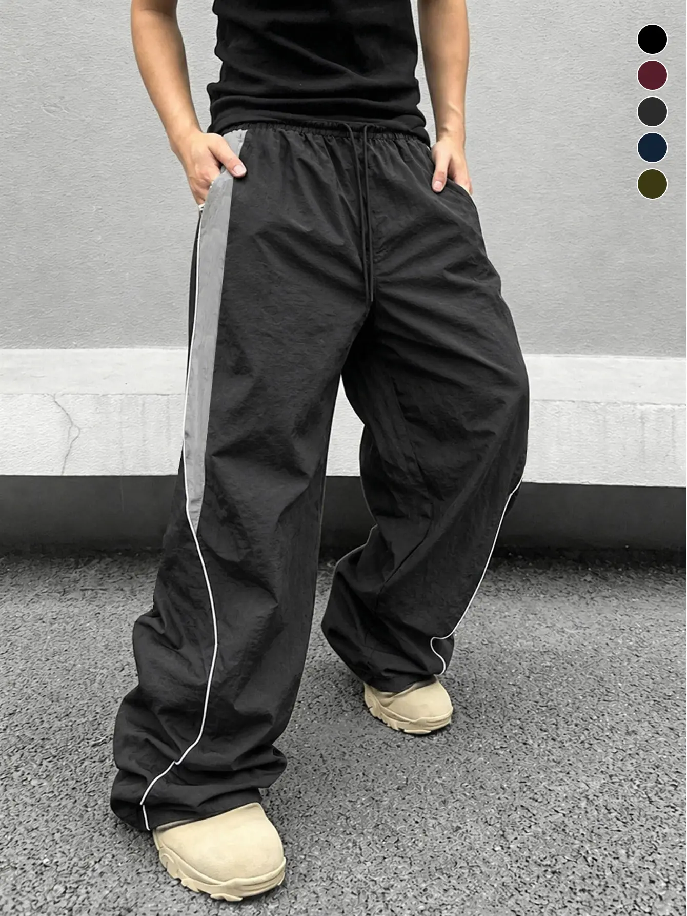 Men’s Japanese street-style wide-leg casual pants — drapey, drawstring quick-dry athletic pants suitable for all seasons; loose wide-leg athletic pants; color-block wide-leg athletic pants