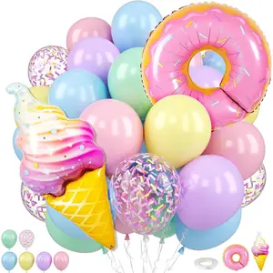 Pastel Balloons, 12 Inch Macaron Pink Purple Yellow Green Blue Confetti Balloons with Donut and Ice Cream Foil Balloon for Gilrs Sweet Birthday Party Rainbow Shower Decorations
