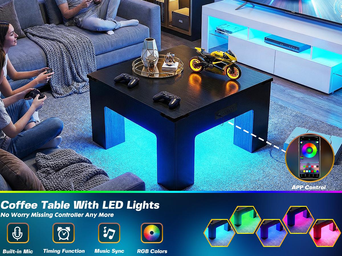 31.5" Square Coffee Table for Living Room, with Power Outlet and LED Lights, Modern Center Table with Sturdy Wooden Legs, Easy Assembly