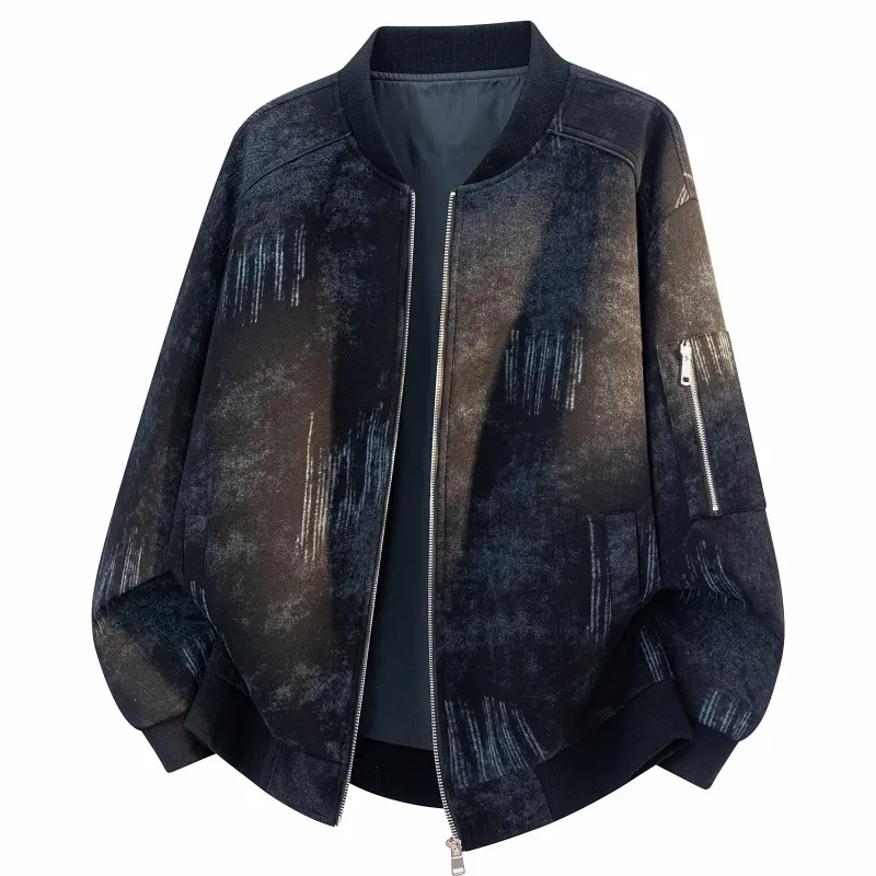 Men Stylish Black & White Bomber Jacket, Vintage Wash Vertical Line Print Stand Collar Zip Up Baseball Coat, Soft Cotton Blend Oversized Loose Casual Outerwear for Daily Campus Skate Street Travel Fall Outfits, Ideal Gift for Boyfriend and Father