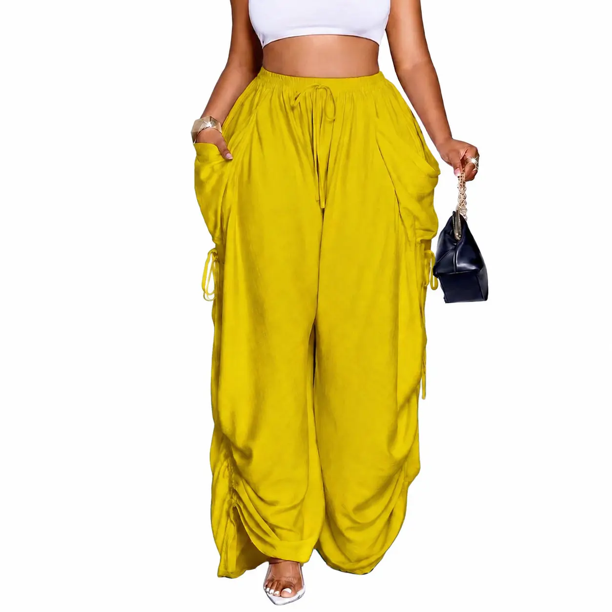 Plus size-Women's High Waisted Harem Pants Wide Leg Baggy Boho Trousers Deep Pockets Adjustable Ruched Sides Drawstring Elastic Waist Lightweight Casual Flowy Lounge Pants Plus Size S-5XL Spring Summer Y2K Streetwear Fashion
