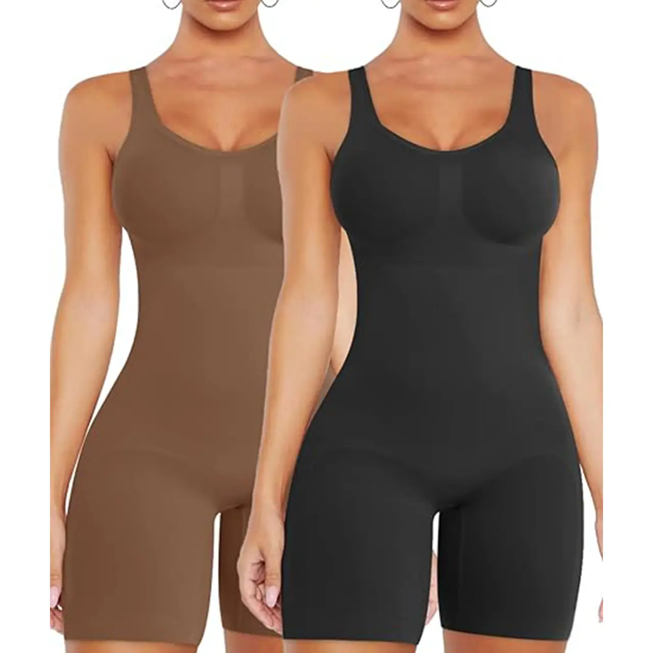Women's Plain Minimalist Sleeveless Scoop Neck Seamless Bodycon Shapewear Bodysuit - Slim-Fitting Polyester-Elastane, Compression Tummy Control, Butt Lifting, Full Coverage Clothes, Buckle-Free Workout Basics, Wireless Athletic Wear