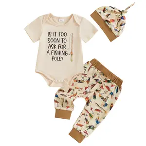 Newborn Baby Boy Clothes Fishing Short Sleeve Romper T Shirt Tops Elastic Waist Long Pants Summer Spring Outfits Cute Hat Set #Springtok