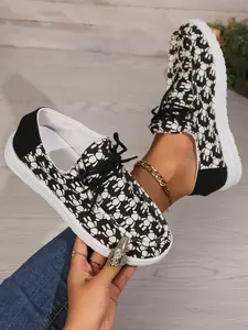 Women's Fashion Print Lace-Up Sneakers, One-Step Slip-On, Comfortable Breathable Outdoor Walking Shoes, Round Toe Casual Daily Wear-