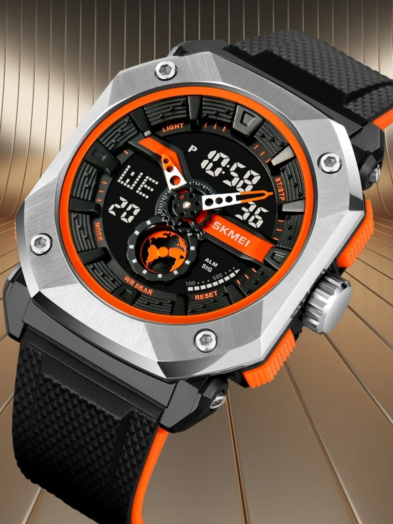 Dual Display Outdoor Watch, Octagonal Armor Case, Colorblock, Analog Electronic Dual Screen, Digital Analog Watches, 50m Waterproof, Men's Fashion, Fashionable Wristwatch, Trendy Wristwatch