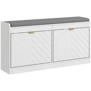 HOMCOM Shoe Bench, Entryway Bench with 2 Flip Drawers, Seating Cushion, and 2 Vents for 8 Pairs of Shoes for Hallway, White