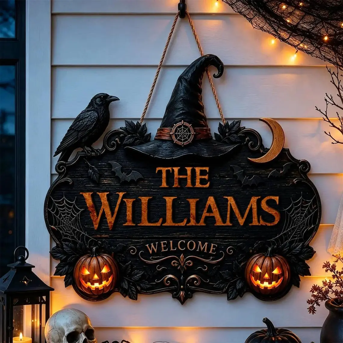 Halloween Witch Welcome Personalized Door Sign, Custom Family Name Porch Decor