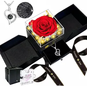 Preserved Red Real Rose with Heart I Love You Necklace, Forever Flowers, 3-5 Years Lasting, Real Flower Gift for Mom Wife Women on Birthday Anniversary Valentine’s Romantic, Red