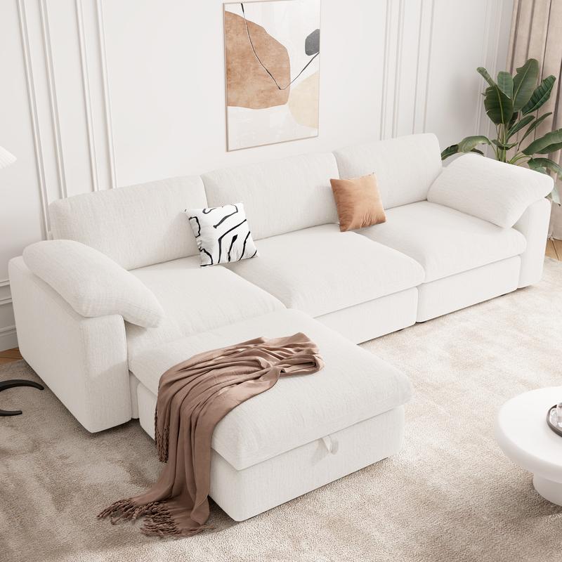 【Shipped in four Packages】118" L Shaped Modular Sectional Sofa, Oversized 3-Seater Convertible Cloud Couch, Modern Chenille Sectional Couches for Living Room, Cream White 1 PCS