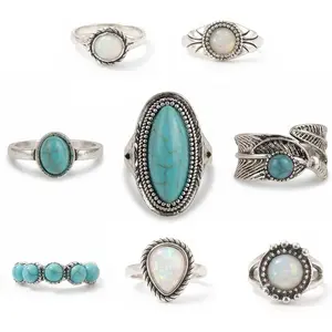 Knuckle Rings Set, Chunky Turquoise Stackable Rings,  Joint Finger Stacking Rings, Bohemian Western  for Women