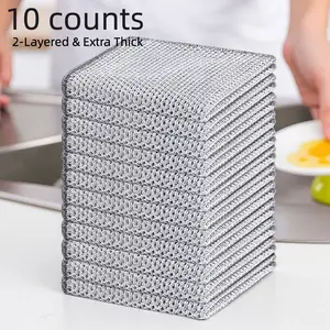 10 Counts 2-Layer Non Scratch Wire Dishcloth Multipurpose Dishwashing Rag Metal Scrubbers, Scrubbing Pad for Wet and Dry Cleaning, Kitchen Cleaning Cloth, Reusable Cleaning Cloths for Sinks and Pans, Silver Washable Dishwashing Set