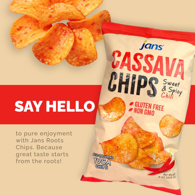 Jans Cassava Chips Sweet & Spicy Chili Flavor 8oz (Pack of 2) — Crunchy Yuca Chips | Cassava Balado
