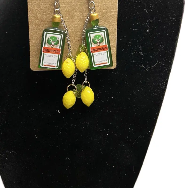 Dainty Jewelry Sets for Unisex - Elegant Jager Liquor Bottle Themed 3-Piece Set with Hook Earrings, Lemon & Ice Cube Accents, Necklace and Bracelet