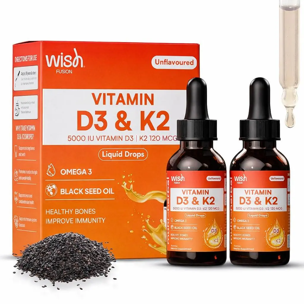 Wish Fusion Liquid Vitamin D3 & K2 Drops, 2 Pack Vitamin D3 Drops with Omega 3 & Black Seed Oil, 5000 IU D3, 120mcg K2, for Immune Support & Bone Health Black Seed Oil & Organic MCT, Liquid Multivitamin for Women & Men