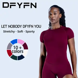(With Logo) DFYFN Impact Short Sleeve Top & Pant Set - Quick-Drying, Breathable, Lightweight Nylon for Yoga, Sports, Leisure - Figure-Shaping, Slim-Fit, Moisture-Wicking, Four-Way Stretch