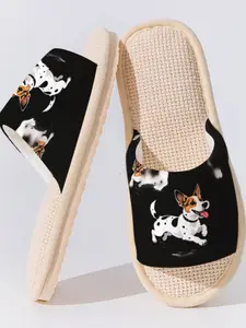 Jack Russell Linen Slippers, 1 Pair, Anti-Slip Breathable Lightweight All-Season Home Guest Shoes