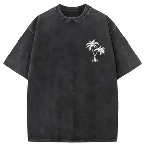 Holafish "Coconut Tree LOGO" creative pattern print heavy 230g pure cotton loose drop-shoulder T-shirt, washed T-shirt, men's vintage street T-shirt, basic T-shirt, loose hip-hop unisex top, acid-washed T-shirt, men's short-sleeve shirt